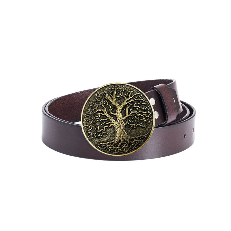 Ceinture homme Rimbaud 2 en cuir marron avec une boucle ronde dorée ornée d'un arbre de vie sculpté.