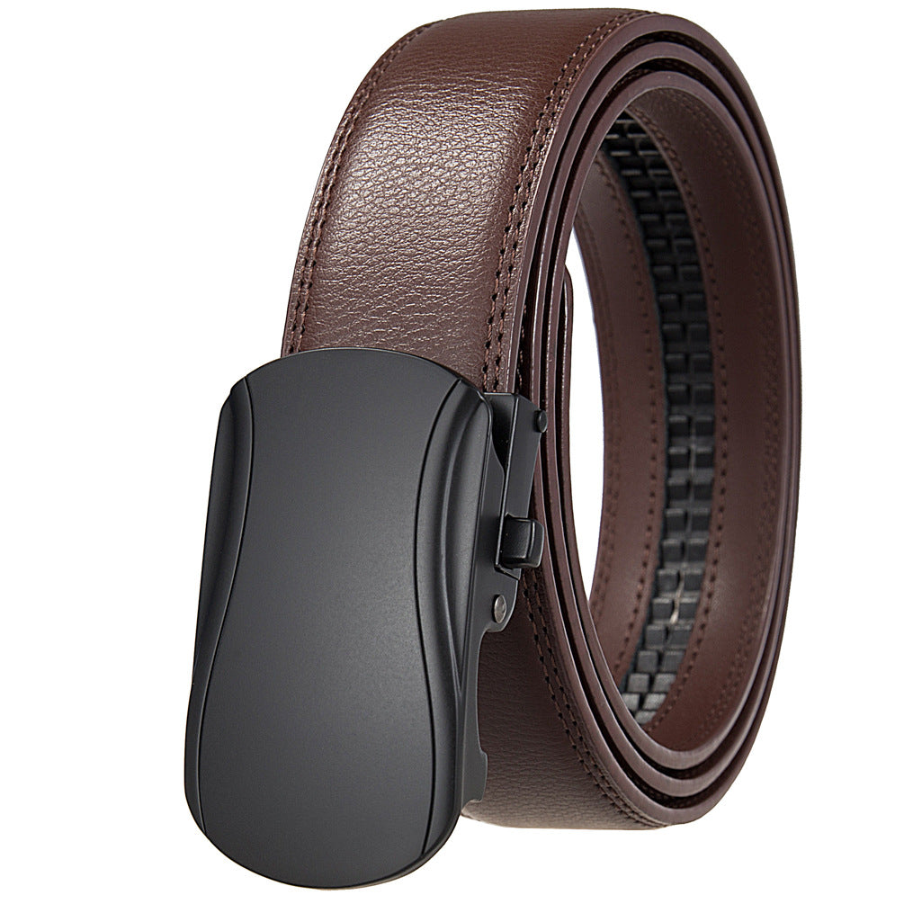 Ceinture Rive Gauche pour homme en cuir marron avec boucle automatique noire et système à crémaillère.