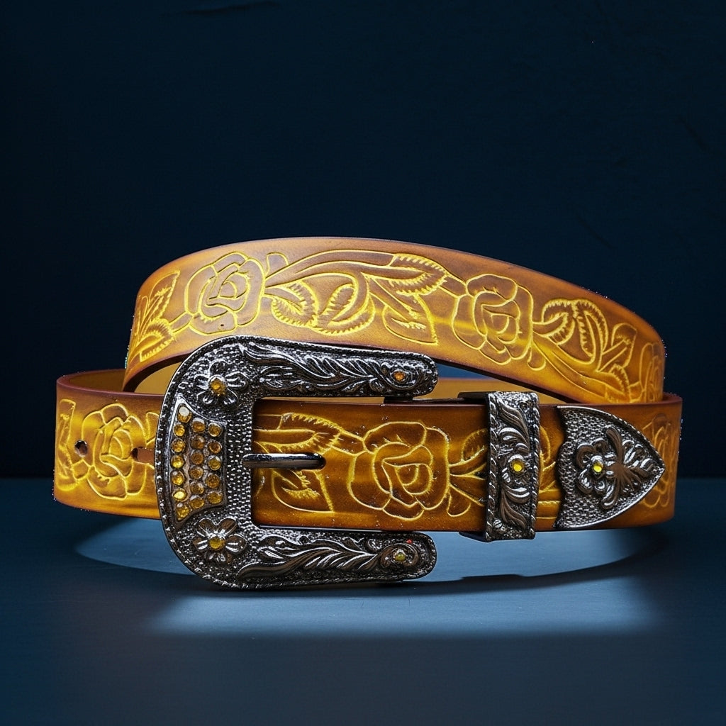 Ceinture Rixe pour homme en cuir marron avec motif floral gravé et boucle ovale ornée de strass argentés. #fullwidth