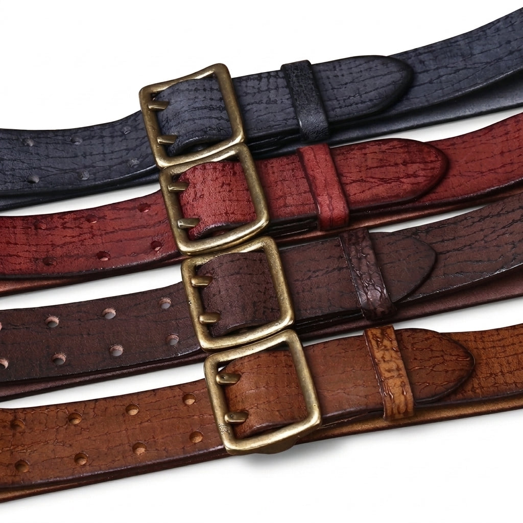 Collection de ceintures en cuir pleine fleur Rohan avec texture craquelée, boucles rectangulaires à double ardillon en cuivre vieilli et double rangée de perforations, présentées en plusieurs coloris naturels.