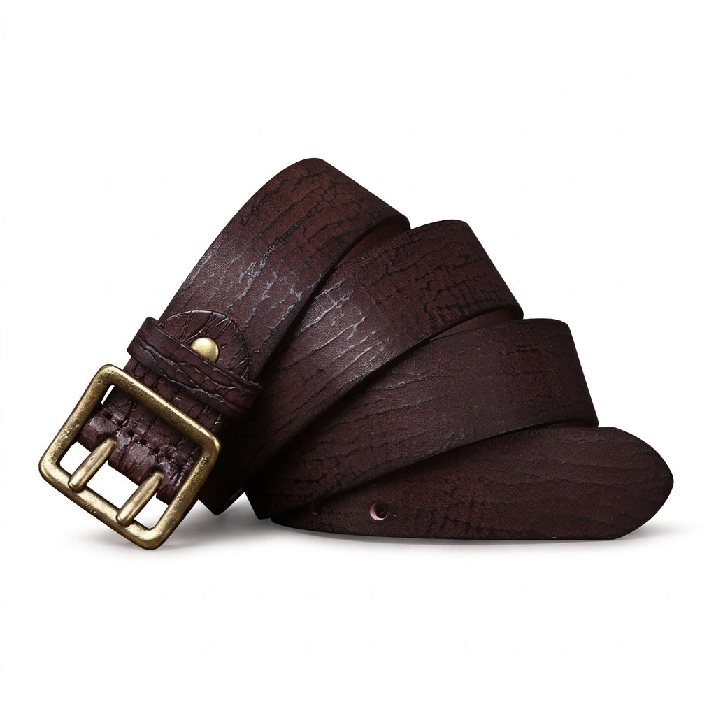 Ceinture pour homme Rohan en cuir de vachette pleine fleur marron avec texture craquelée vintage et boucle rectangulaire à double ardillon en cuivre vieilli