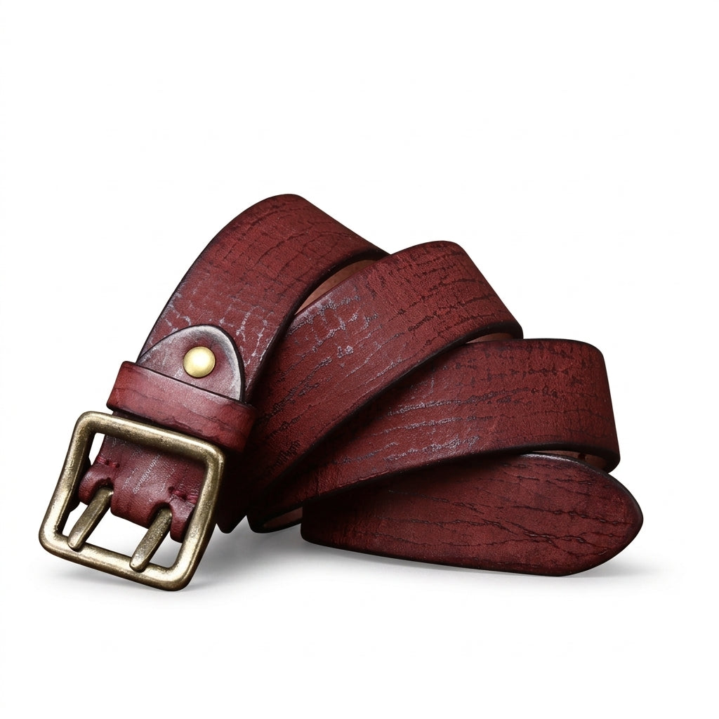 Ceinture Rohan pour homme en cuir de vachette pleine fleur rouge bordeaux avec texture craquelée vintage et boucle rectangulaire à double ardillon en cuivre vieilli