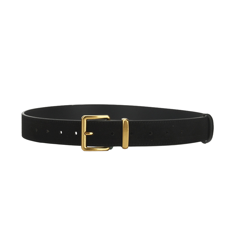 Ceinture Romane noire en daim de vachette refendu avec boucle ardillon rectangulaire dorée.