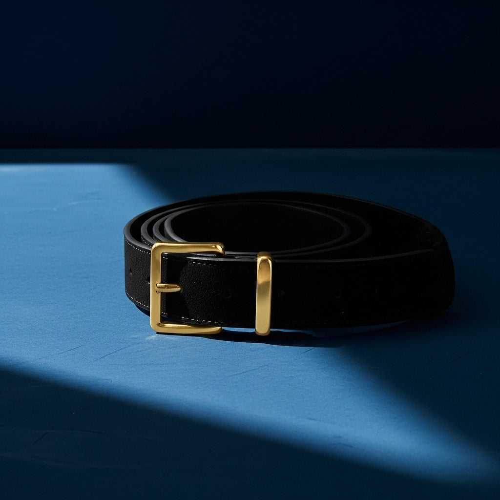 Ceinture Romane noire en daim refendu avec boucle ardillon rectangulaire dorée #fullwidth