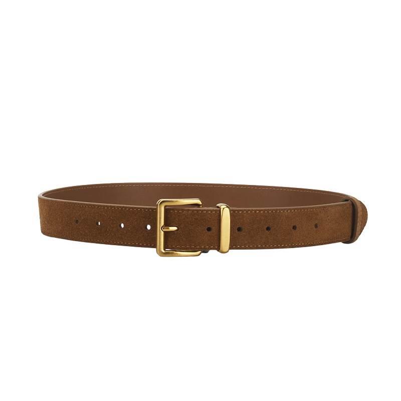 Ceinture Romane marron foncé en daim de vachette avec boucle ardillon rectangulaire en métal doré.