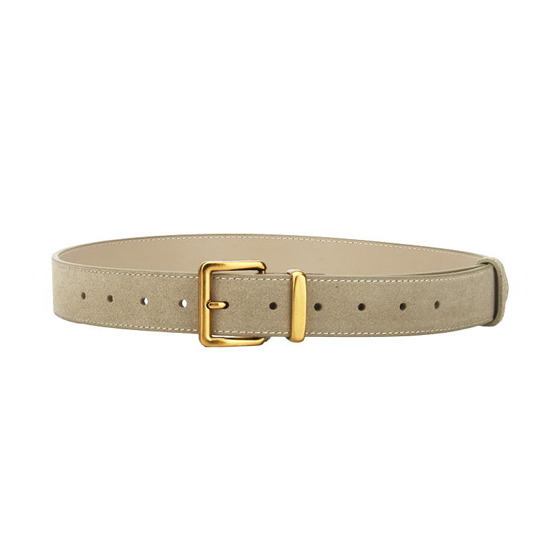 Ceinture pour femme Romane en daim beige avec boucle ardillon rectangulaire dorée. #fullwidth