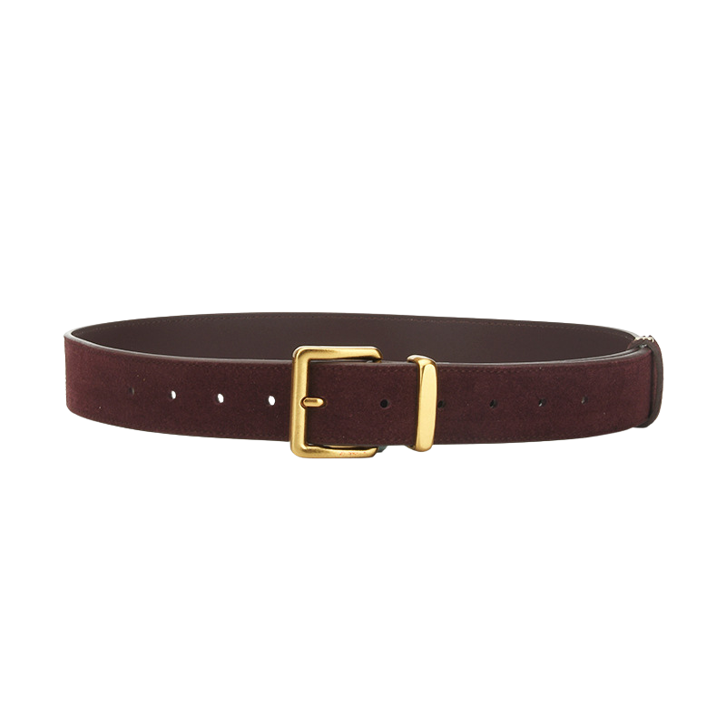 Ceinture femme Romane en daim marron café avec boucle ardillon rectangulaire dorée.