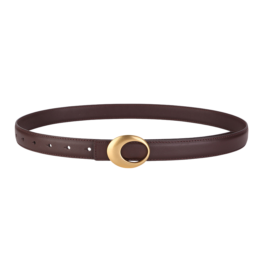 Ceinture femme Rosalie en cuir marron avec boucle ovale dorée asymétrique.
