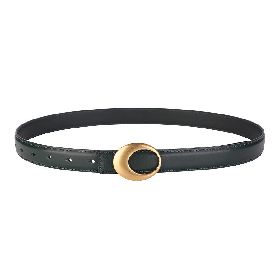 Ceinture femme Rosalie en cuir vert foncé avec boucle ovale dorée minimaliste.