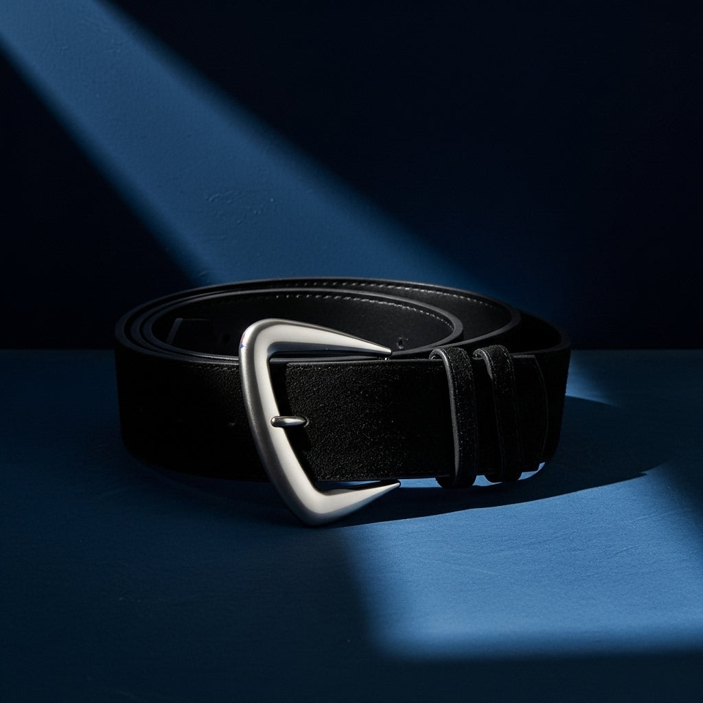Ceinture femme Rosée en cuir suédé noir, 4,3 cm de large, avec une boucle ardillon argentée en forme de D arrondie. #fullwidth