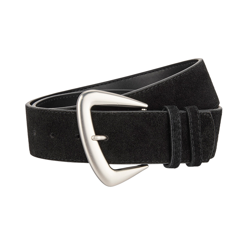 Ceinture Rosée en cuir de vachette suédé noir avec une boucle ardillon argentée en forme de D arrondie. Largeur de 4,3 cm.
