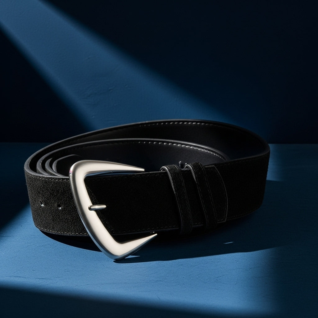 Ceinture Rosée noire en cuir de vachette suédé, avec une boucle ardillon argentée. Lanière large et lisse sur fond bleu. #fullwidth