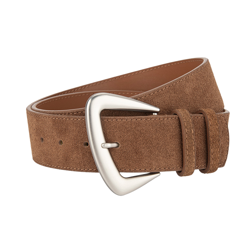 Ceinture femme Rosée en cuir de vachette suédé marron clair avec boucle ardillon argentée en forme de D arrondie.
