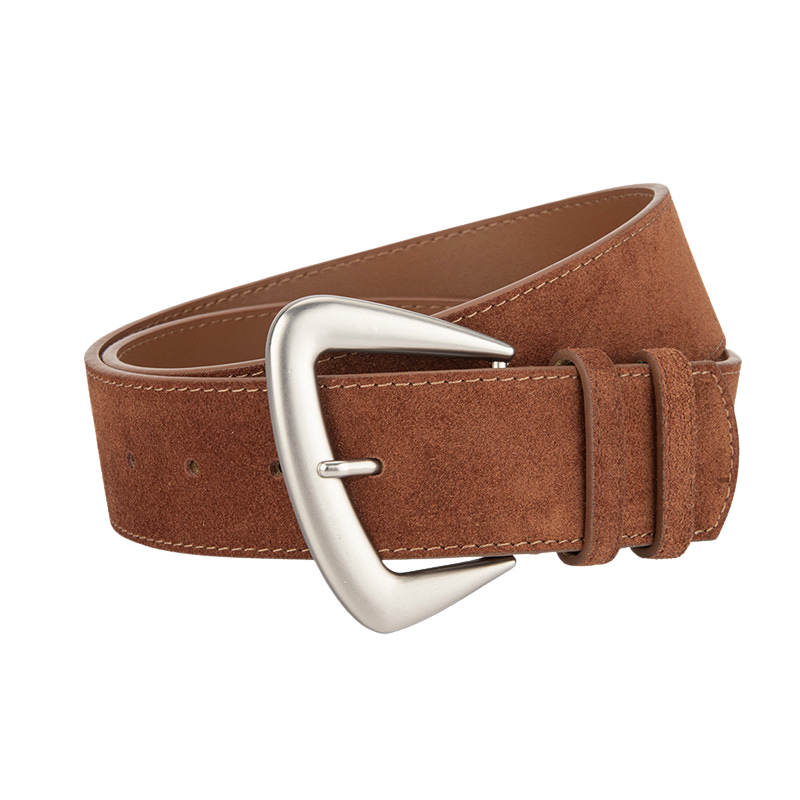 Ceinture Rosée en cuir de vachette suédé marron avec boucle ardillon argentée en alliage métallique en forme de D arrondie.