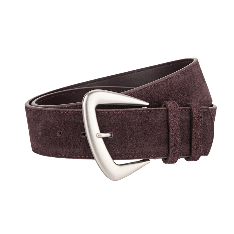 Ceinture femme Rosée en daim violet foncé avec une boucle argentée en forme de D arrondie