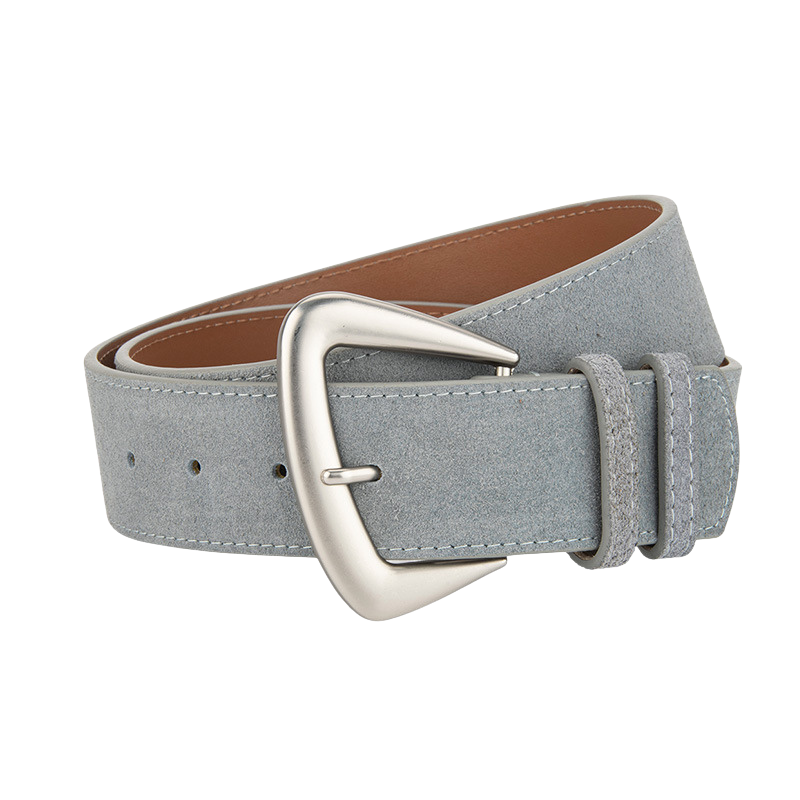 Ceinture Rosée en cuir de vachette suédé bleu clair avec boucle ardillon argentée en alliage métallique.