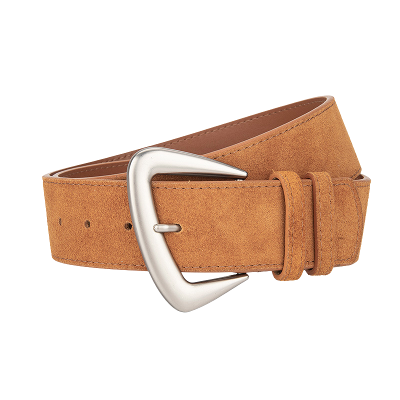 Ceinture femme Rosée en cuir de vachette suédé orange foncé avec une boucle ardillon argentée en forme de D arrondie. #fullwidth