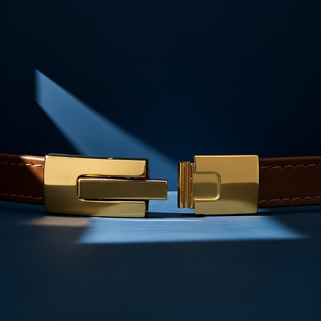 Ceinture femme Roxanne en cuir marron lisse et fine avec une boucle rectangulaire dorée et géométrique. #fullwidth