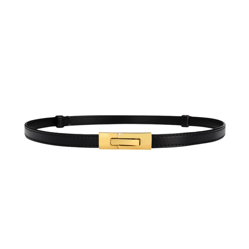 Ceinture fine femme Roxanne en cuir noir avec boucle rectangulaire dorée discrète et élégante.