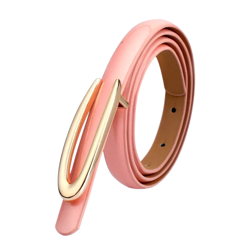 Ceinture fine femme Rubis rose vernie avec boucle dorée en forme de C.
