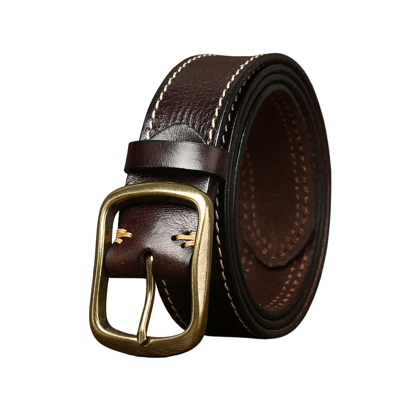 Ceinture homme Rustiborn en cuir pleine fleur marron café avec surpiqûres contrastantes et boucle ardillon rectangulaire dorée.