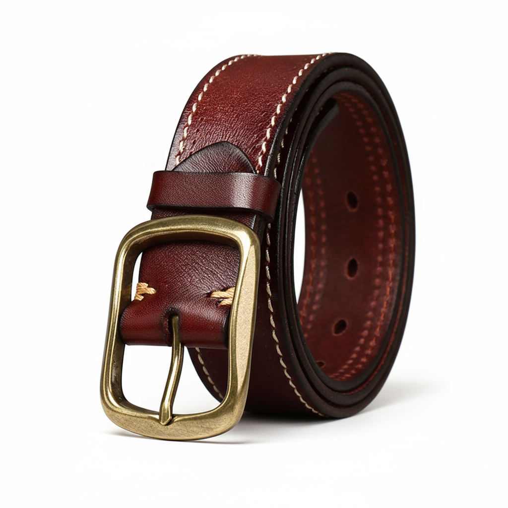 Ceinture homme Rustiborn en cuir pleine fleur marron, avec boucle ardillon rectangulaire dorée et surpiqûres contrastantes. Style vintage.