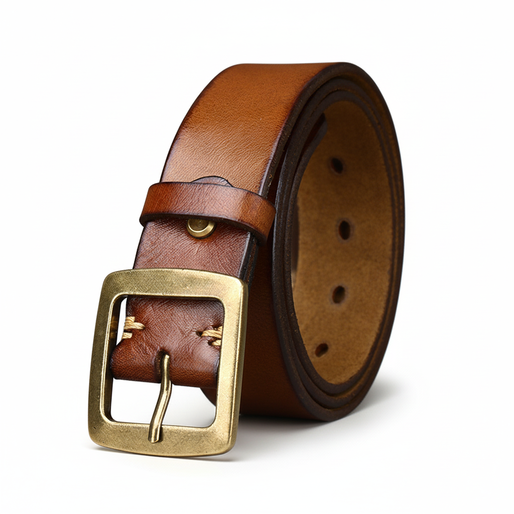 Ceinture pour homme Rustor en cuir pleine fleur de vachette marron clair avec boucle ardillon carrée dorée vieillie.