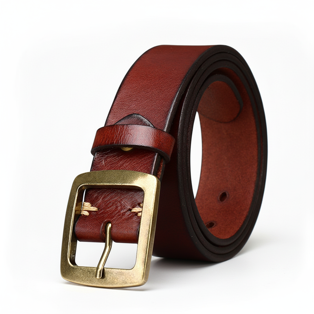 Ceinture pour homme Rustor en cuir pleine fleur marron, avec boucle ardillon carrée dorée vieillie.