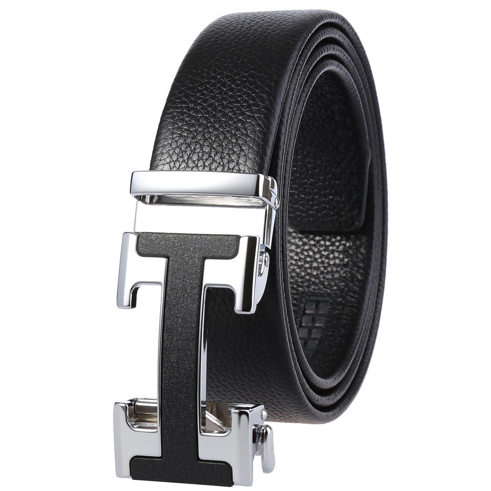 Ceinture homme Sacha en cuir noir avec boucle automatique argentée en forme de H #fullwidth