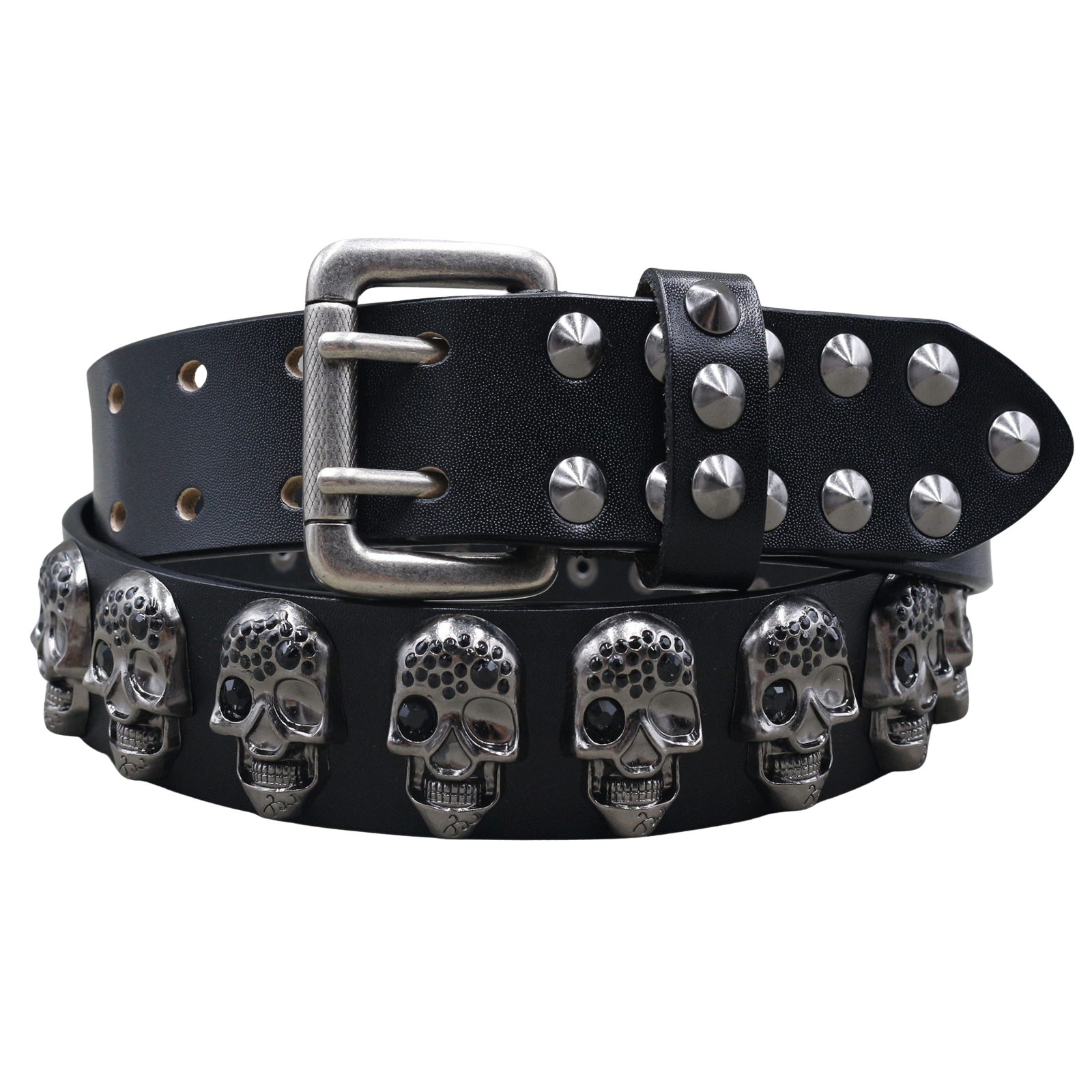 Ceinture Sacha noire pour homme en cuir vieilli, ornée de clous argentés et de têtes de mort décoratives, avec une boucle double ardillon rectangulaire.