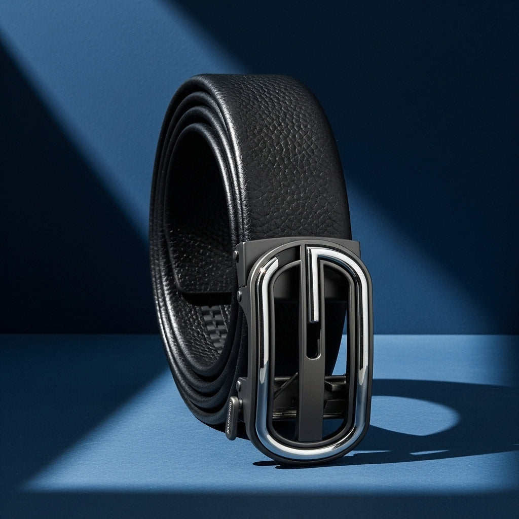 Ceinture Sacha Lux noire en cuir de vachette texturé avec boucle automatique argentée et grise. #fullwidth