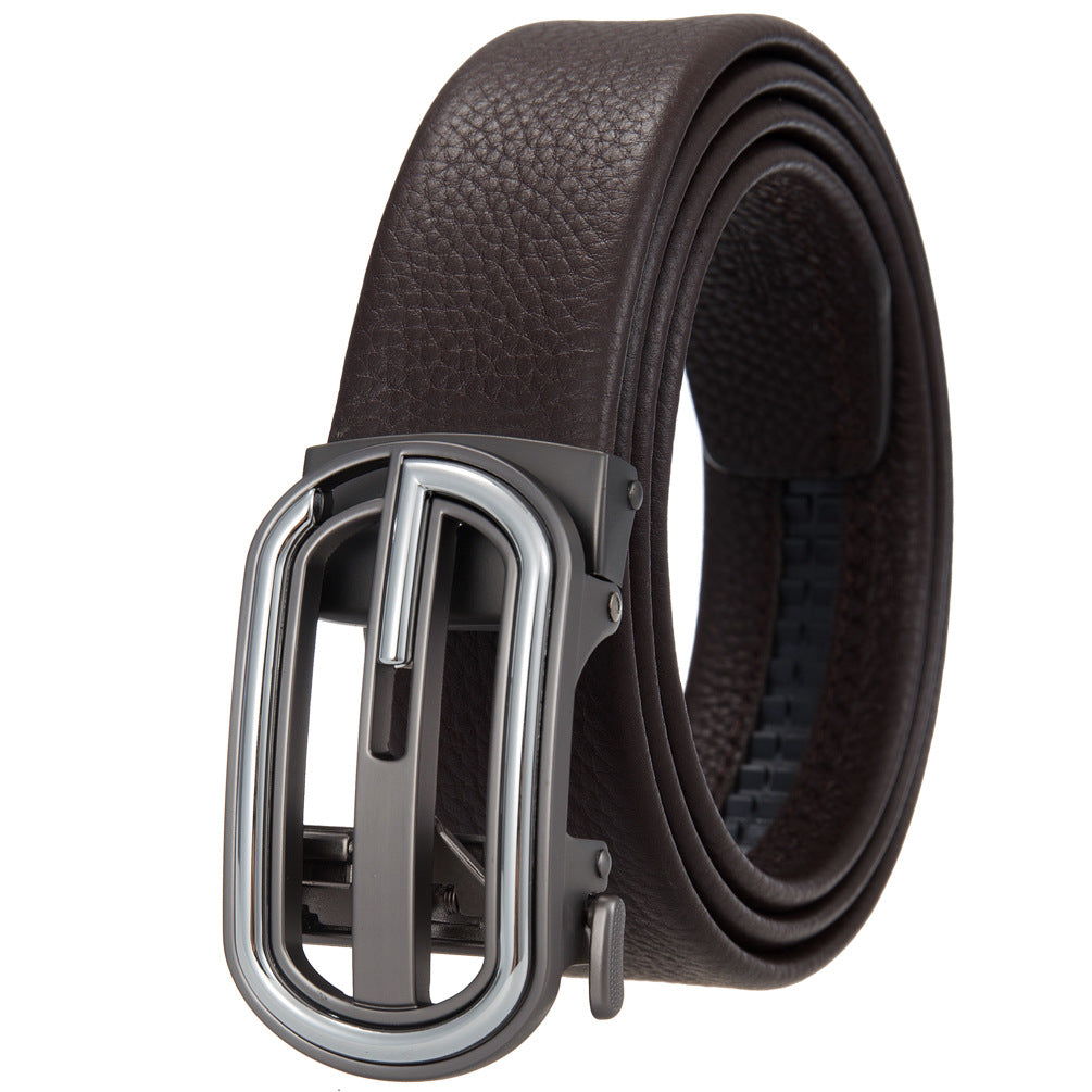 Ceinture Sacha Lux1 pour homme en cuir de vachette marron café avec boucle automatique argentée et détails texturés.
