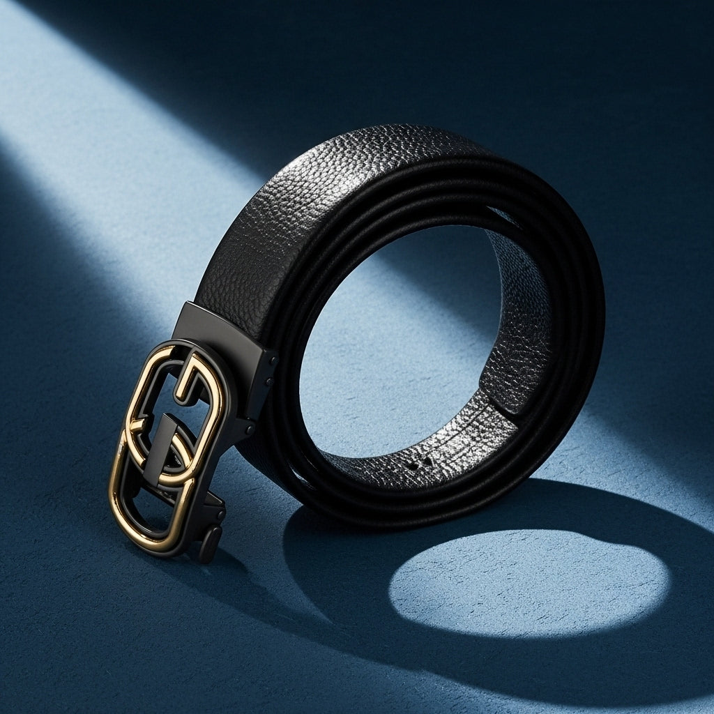 Ceinture pour homme Sacha Lux2 en cuir de vachette refendu noir avec boucle automatique noire et dorée #fullwidth