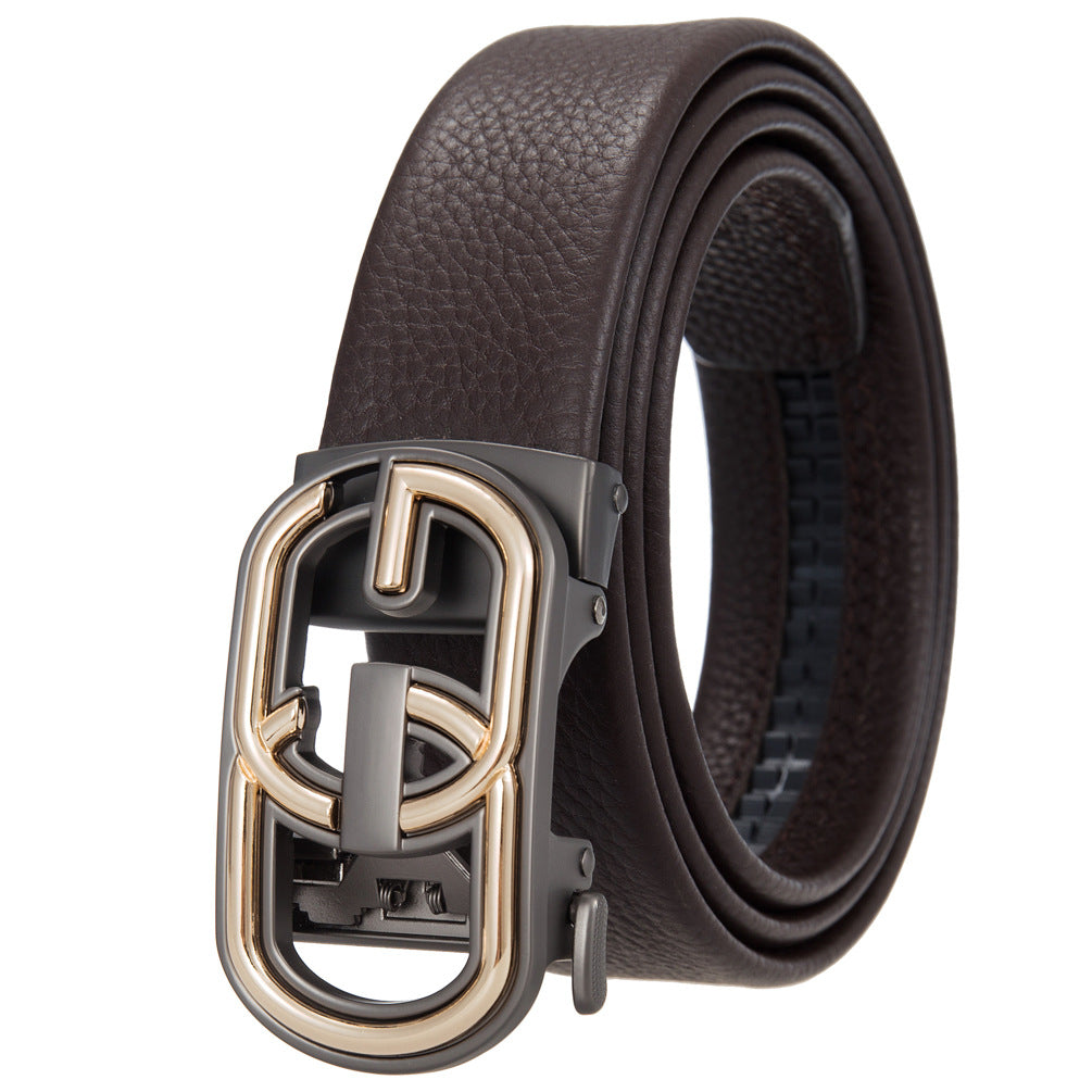 Ceinture homme Sacha Lux2 en cuir marron texturé avec boucle automatique bicolore grise et dorée. #fullwidth