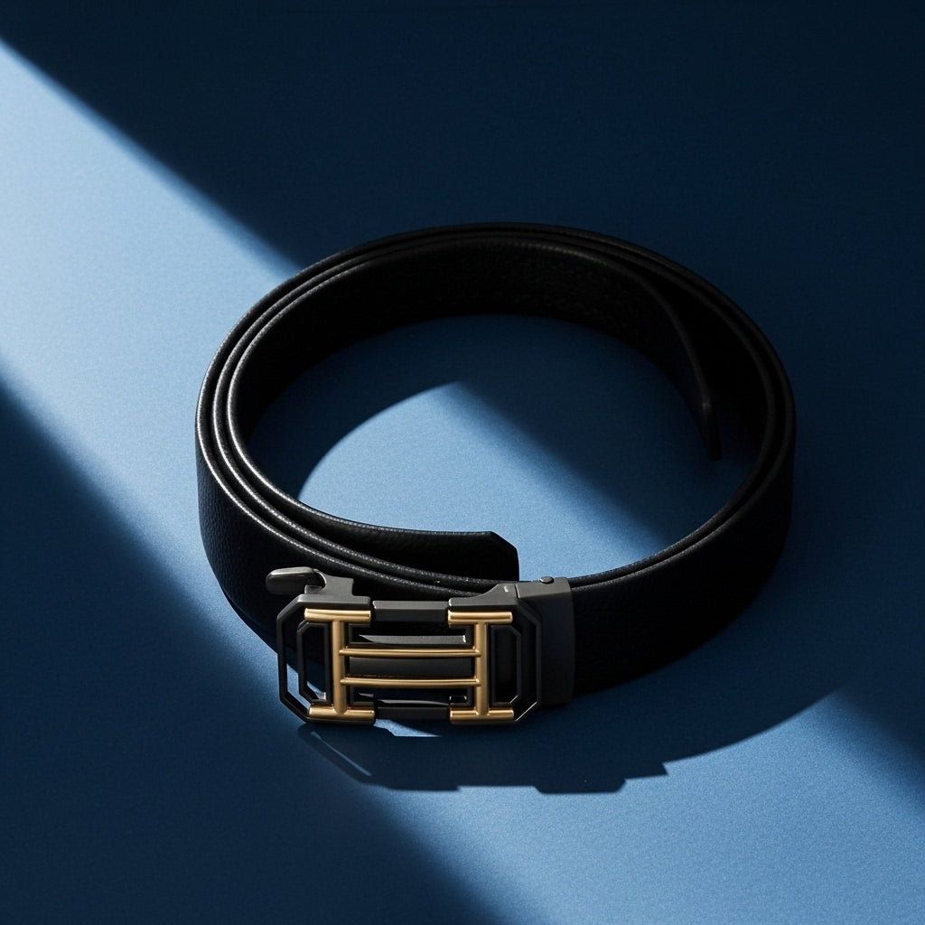 Ceinture Sacha Lux pour homme, en cuir noir texturé avec boucle automatique noire et dorée, et un revers café. #fullwidth