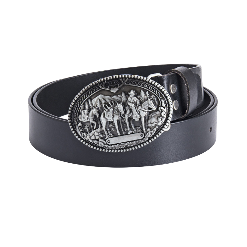 Ceinture Saint Rock noire pour homme avec une boucle ovale ornée d'un motif de cavalier et de chevaux en argenté sur fond blanc.