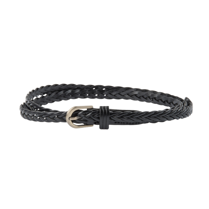 Ceinture Salomé noire tressée en simili cuir avec boucle arrondie en alliage, style rétro chic et bohème.