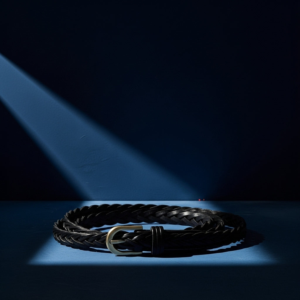 Ceinture fine tressée noire Salomé avec boucle dorée, posée sur un fond bleu sombre avec un éclairage diagonal #fullwidth