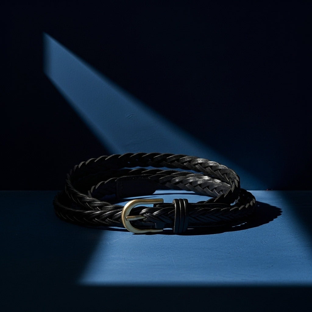Ceinture fine tressée noire Salomé en similicuir avec boucle dorée à ardillon. #fullwidth