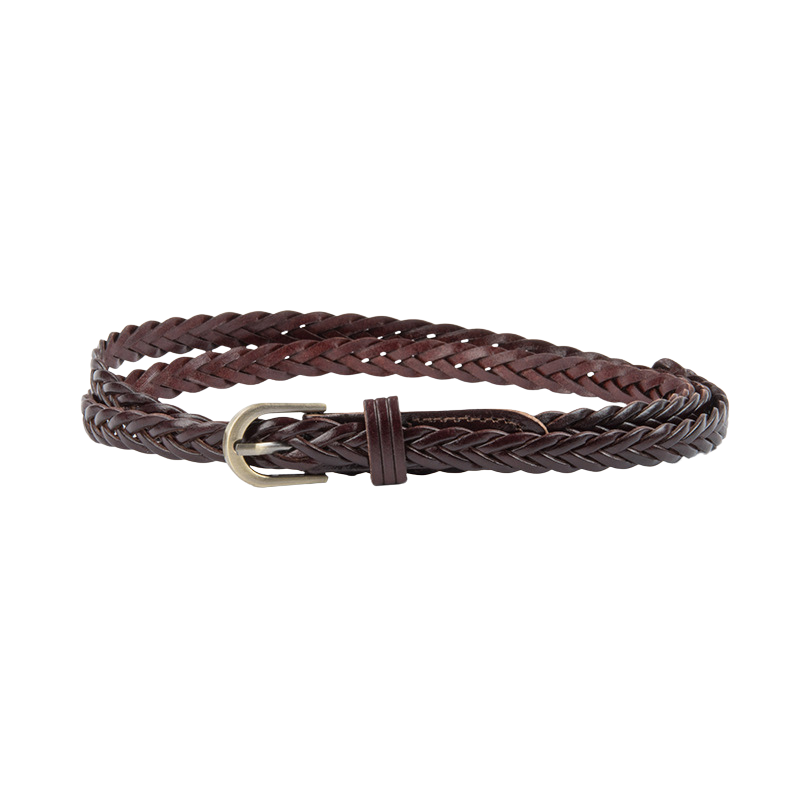 Ceinture fine tressée en simili cuir bordeaux modèle Salomé avec boucle arrondie argentée.