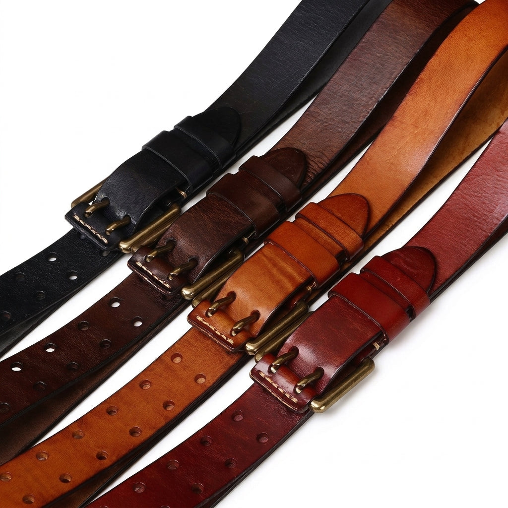 Collection de ceintures homme Sancerre en cuir pleine fleur avec boucle double ardillon en laiton vieilli, déclinées en plusieurs coloris naturels.