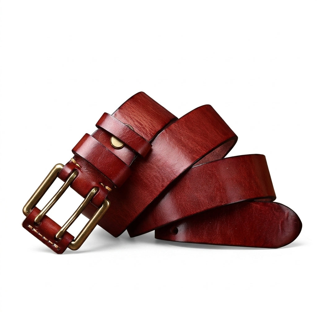 Ceinture homme Sancerre en cuir pleine fleur rouge bordeaux avec boucle double ardillon dorée vieillie sur fond sombre #fullwidth
