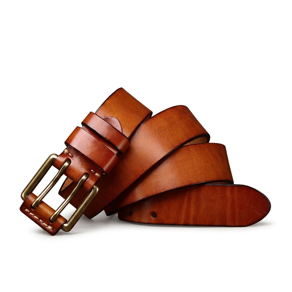 Ceinture homme Sancerre en cuir pleine fleur marron avec boucle double ardillon en cuivre vieilli sur fond sombre #fullwidth