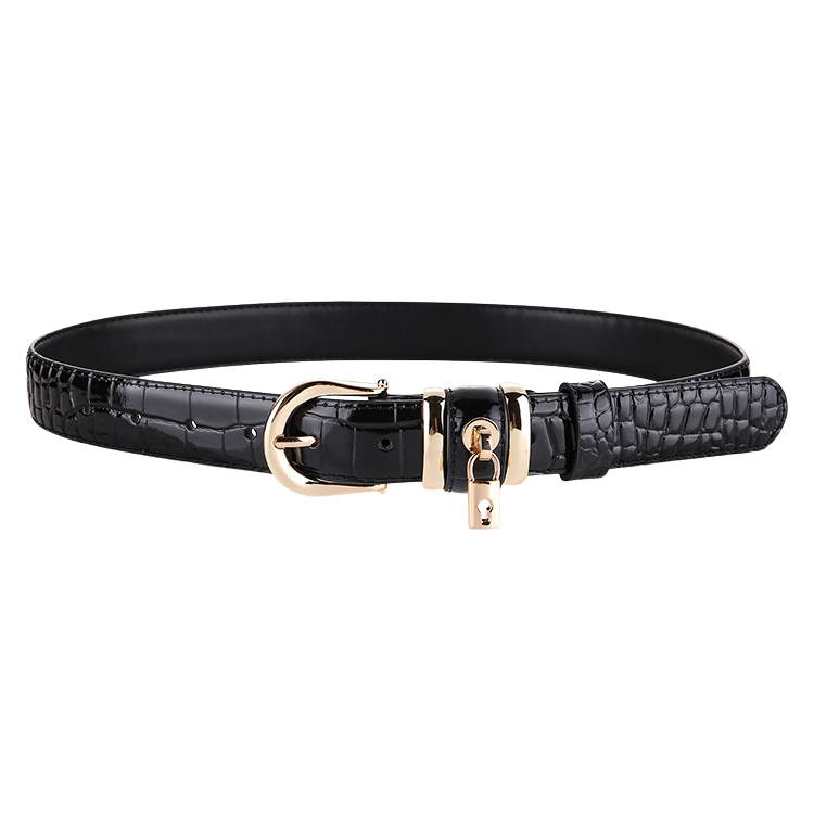 Ceinture Saphir noire en cuir verni effet crocodile avec boucle ardillon dorée et cadenas décoratif