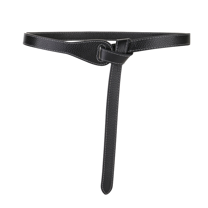 Ceinture fine Sarah en cuir nubuck noir grainé avec surpiqûres blanches et boucle nouée. Idéale pour un look féminin et élégant.