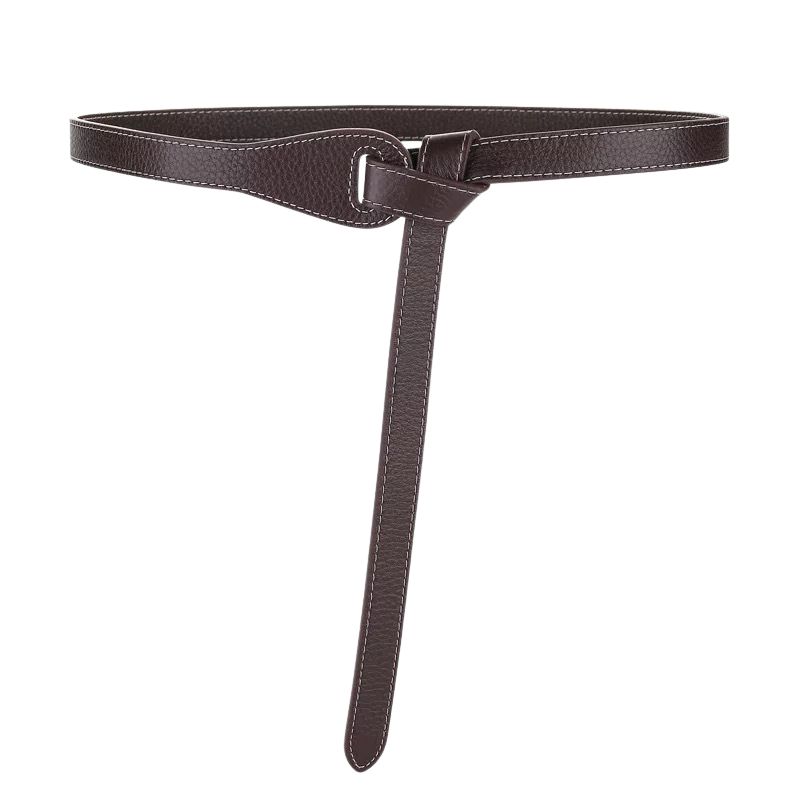 Ceinture fine en cuir nubuck marron foncé, modèle Sarah, avec une boucle nouée sans métal apparent et des surpiqûres contrastantes.