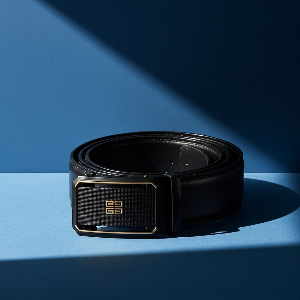Ceinture pour homme Sartre en cuir de vachette noir avec boucle rectangulaire automatique ornée d'un motif texturé noir et d'un logo doré #fullwidth
