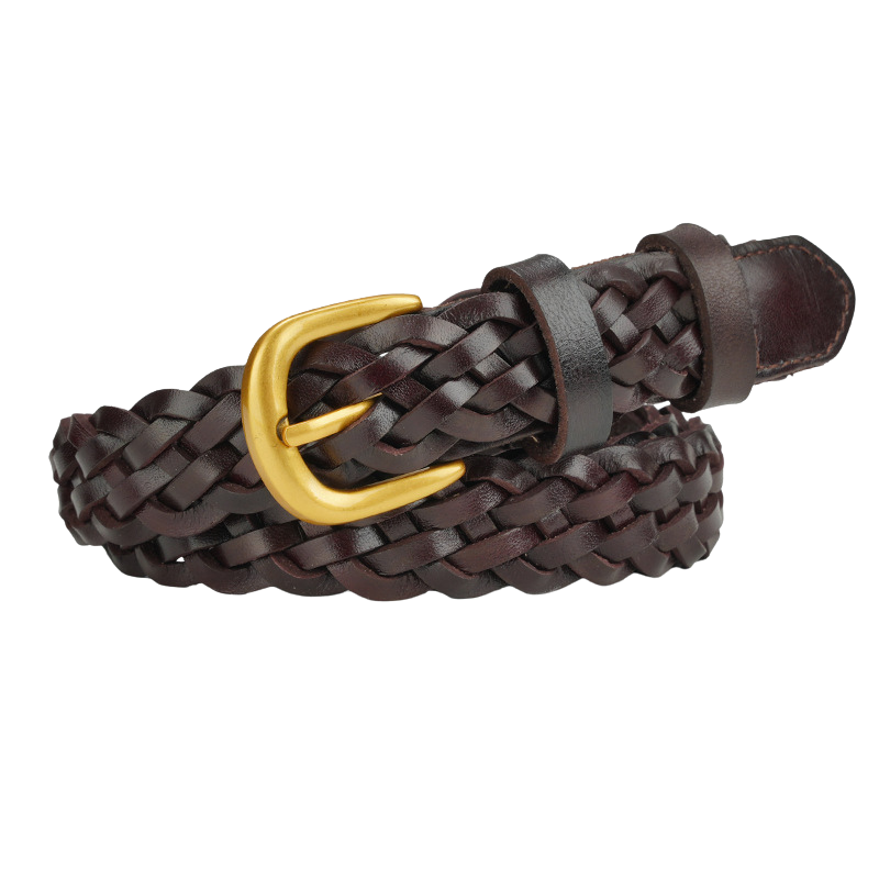 Ceinture tressée en cuir marron foncé pour femme, modèle Satin, avec boucle ardillon dorée et finition vintage