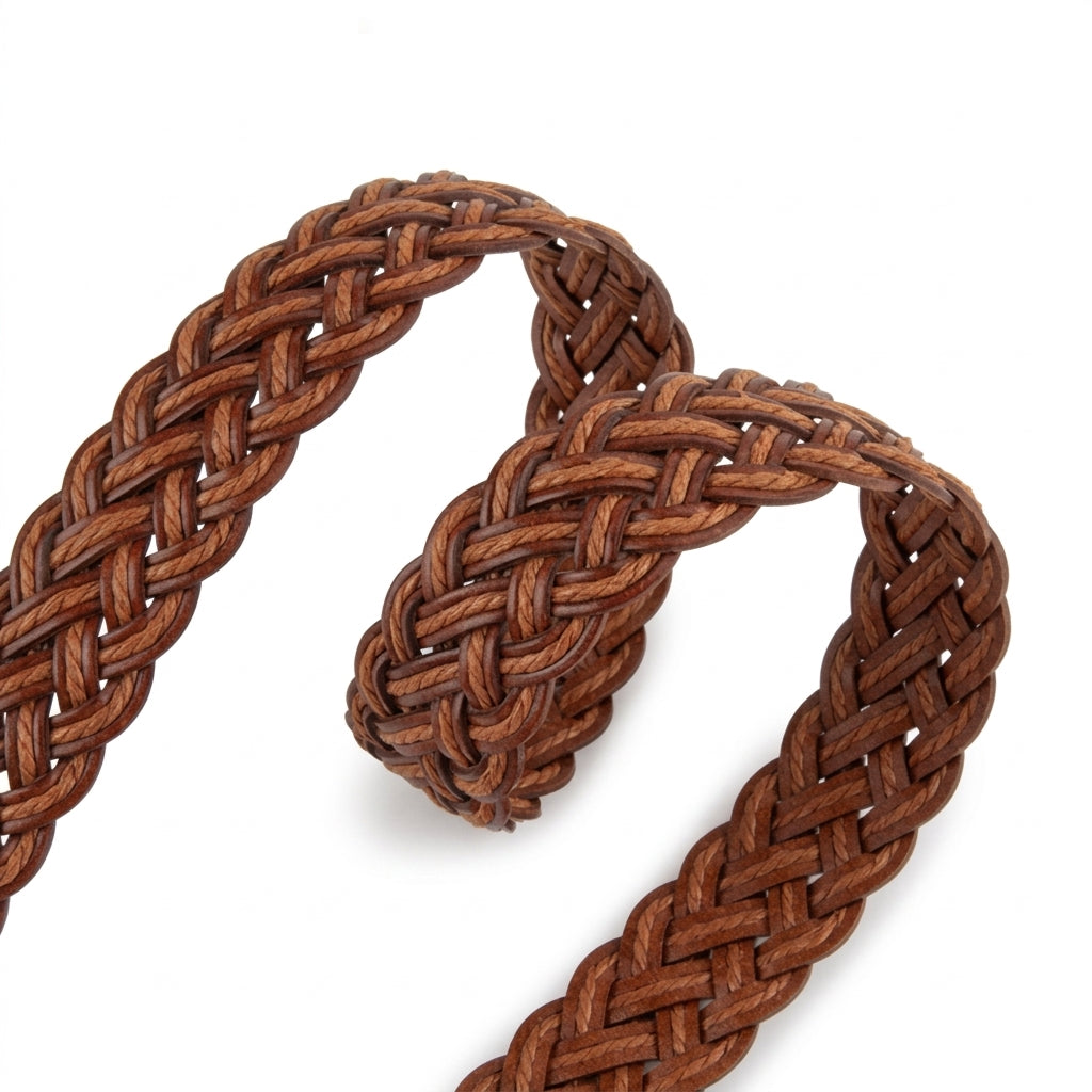 Gros plan sur la ceinture tressée femme Ségur en simili cuir marron avec un motif géométrique artisanal et une texture souple.