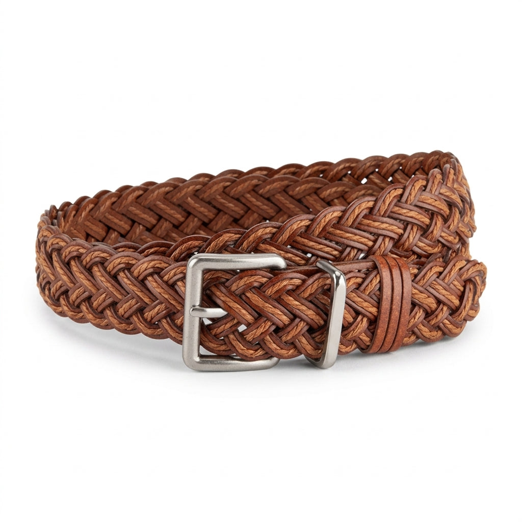 Ceinture tressée pour femme Ségur en simili cuir marron avec boucle ardillon argentée sur fond blanc